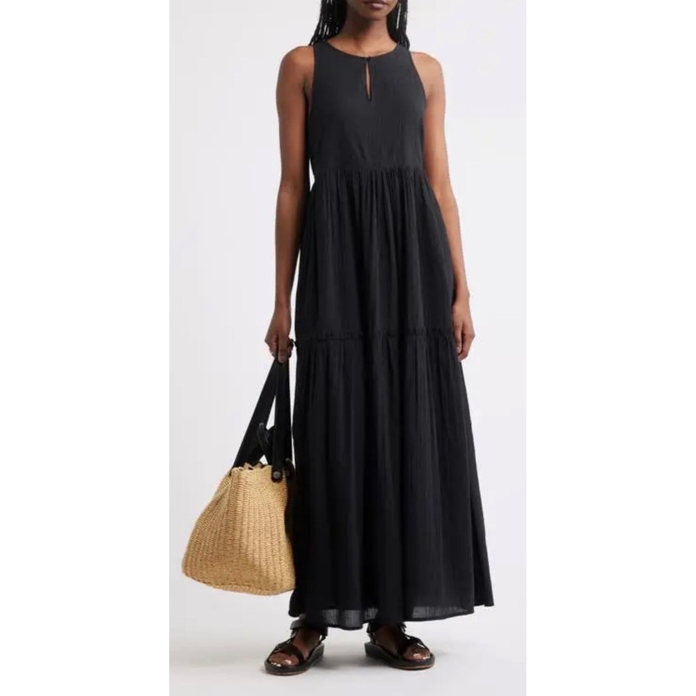 Treasure & Bond Black Sleeveless Tiered Cotton Gauze Maxi Dress XS NWT